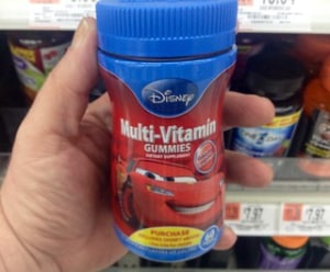 A jar of Disney vitamin gummies